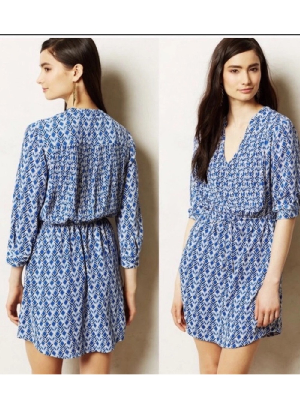 Anthropologie Maeve Galen Dress Geo-Print Blue White 3/4 Sleeves Small